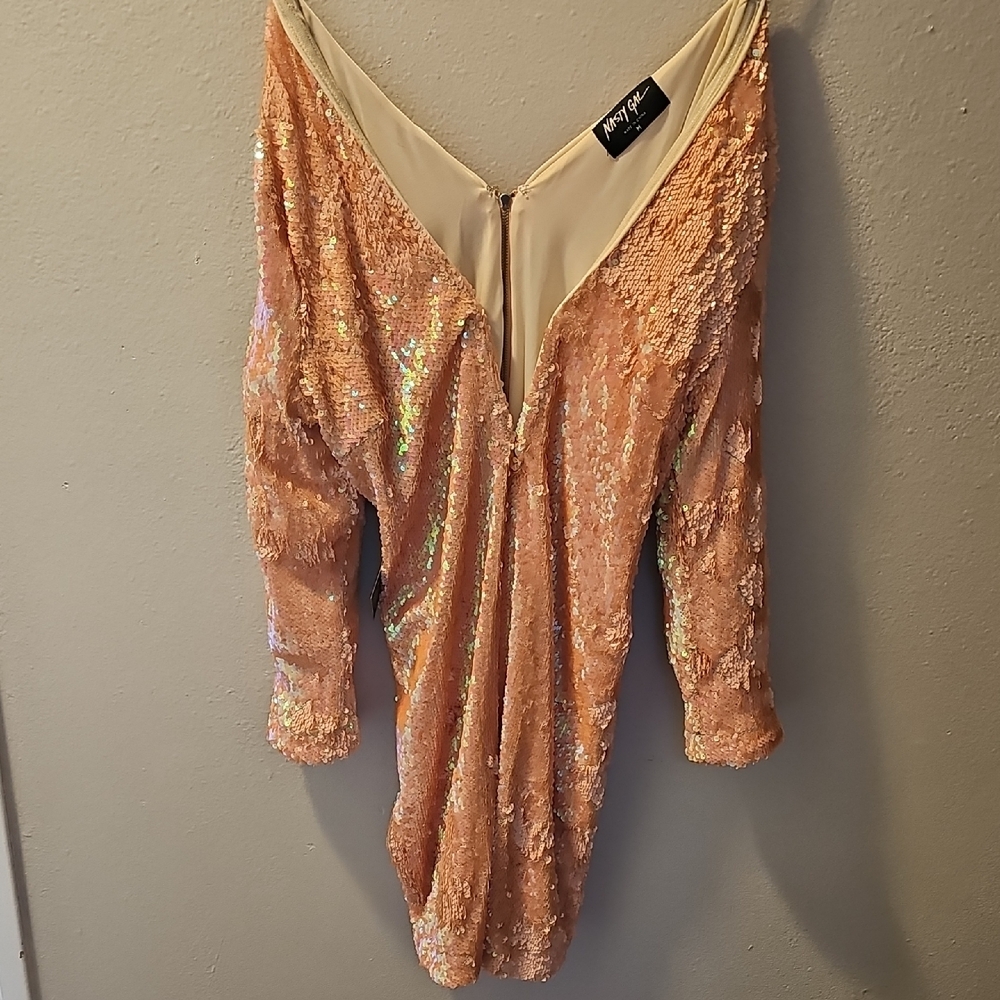 Nasty Gal Pink Sequin Bodycon Mini Dress with Long Dolman Sleeves